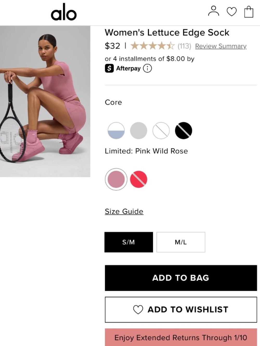 Alo women’s lettuce edge socks new pink m/l tennis gym athletic